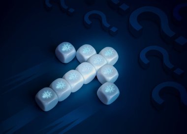 İş çözümleri ve sorun çözme konsepti. Beyaz bloklardaki yaratıcı fikir ampulü simgesi, hareket eden ok şekli olarak düzenlenerek birçok soru sembolüne, koyu mavi arkaplanda ise bir sorun oluşturur..