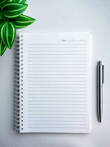 Empty blank of notebook diary page. Template white paper sheet with line and date for note on vertical spiral notepad near a silver pen and green plant isolated on white luxury leather background.