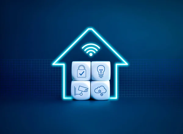 Smart home technology concept. Digital wifi symbol and home shape, neon style with iot application management, automation assistant control icons on white cube block stack on blue network background.