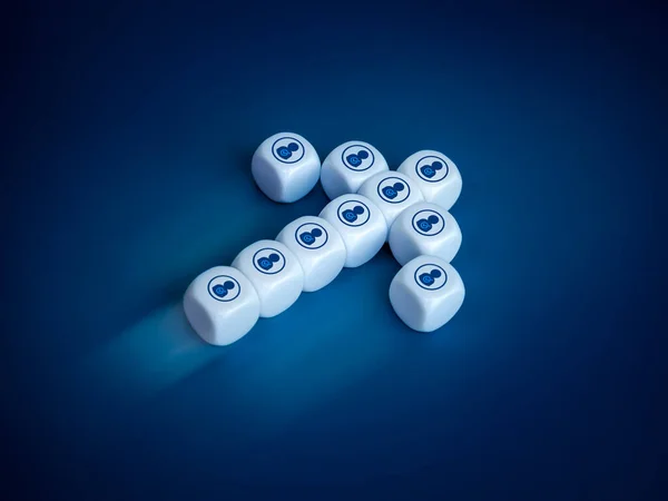 Leadership, business growth and success, smart teamwork, organization, colleague, team collaboration concepts. The right person icon on white dice block arrow shape moving fast on blue background.