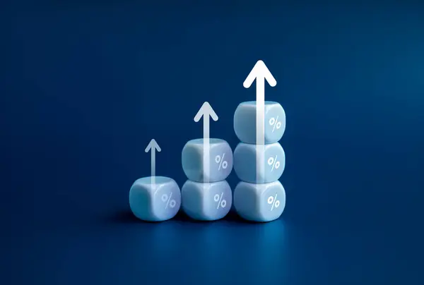 Percentage icon on white cube blocks as a business chart steps with rise up arrows isolated on blue background. Business growth graph process and economic improvement, profit, income growth concepts.