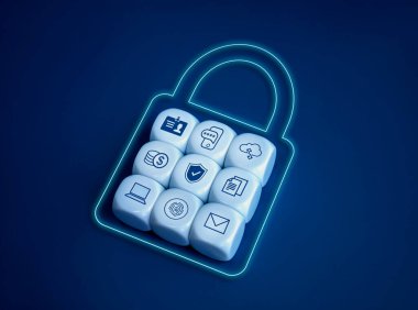 Kişisel veri koruması ve internet teknolojisi kavramlarından oluşan siber güvenlik ağı sistemi. Dijital gizlilik bilgisi simgeleri blok grubu mavi arkaplan üzerindeki dijital güvenlik asma kilidi biçiminde güvendedir.