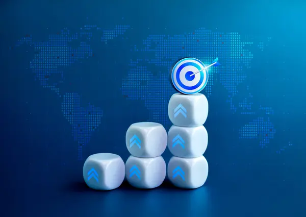 3d target goal icon on top of business graph steps blocks with rising arrow with digital world map on blue background. Business and technology growth and online data marketing analysis concepts.