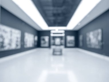 Sanat galerisinde ya da müzede resimlerle ya da sanat eserleriyle dolu bulanık bir resim sahnesi, oda dekorasyonu. Koyu gri koridorun ve binanın beyaz zemininin soyut bulanık arkaplanı.