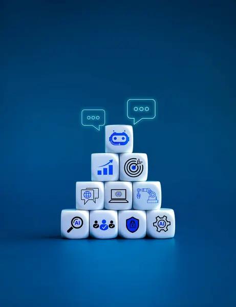 AI service technology concepts. Artificial intelligence, Customizable workflows support tools for business success. Chat bot icon on top of pyramid blocks stack with AI management strategy symbols.