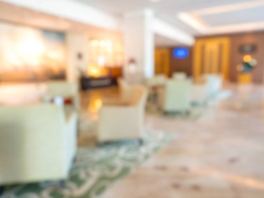 Soyut lüks otel lobisi arka plan için lüks iç mekan, bekleme koltuklarıyla dekorasyon. Bulanık sahne bekleme alanı tasarımı, iş ve seyahat kavramı.