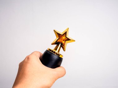 Beyaz arka planda izole edilmiş küçük altın yıldızlı bir kupa. El ele tutuşan altın kupa gri arka planlara karşı kesilmiş. Başarı ödülü, çabanın ödülü ve ödül konsepti.