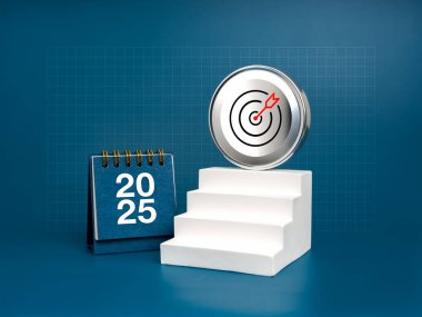 Happy new year 2025 background. 2025 numbers on desk calendar near white stairway with 3d chrome target icon on top, on blue background with grid pattern. Business growth, goal and success concept. clipart