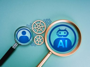 Yapay Zeka işleri, robot kariyeri, insan kaynakları (İK), işe alım, adam alma konsepti. Yapay zeka robot simgesi ve büyüteçle birbirine bağlı mavi arka plandaki dişli dişliler ve insanlar sembolü.