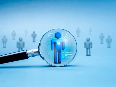 Yapay Zeka işleri, robot kariyeri, insan kaynakları verileri, işe alım, adam alma konsepti. 3d AI akıllı insan normal insanların sembolleriyle mavi arkaplandaki büyüteç mercekle seçildi.