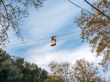 Kutaisi, Gürcistan - 16 Ekim 2024: Modern metalik sarı teleferikler, kablolardaki füniküler kabin, mavi gökyüzü arka planındaki sonbahar ağacının üzerindeki kablo, Kutaisi, Gürcistan Cumhuriyeti.