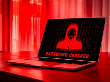 Şifre kırma, uzaktan erişim dolandırıcılığı, hacker, dijital online siber suç konsepti. İkili kodlu kırmızı dolandırıcı simgesi, dizüstü bilgisayar ya da dizüstü bilgisayarda hacklenmiş, veri sistemi kontrolü yapan dolandırıcılar.