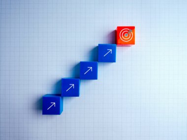 Hedef hedef hedef hedef simgesi diğer mavilerin kırmızı küpünün üstünde, yükselen oklarla basamaklar, çizgi grafik kağıdının arka planında 3d blok grafikleri. Ticari büyüme, kâr, yatırım planlama kavramı.