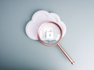 Bulut hesaplama altyapı teknolojisi, yapay zeka çözeltisi, güvenlik veri sistemi depolama hizmeti kavramı. Mavi arkaplanda büyüteç mercekle odaklanmış beyaz bulut üzerine dijital kilit simgesi.