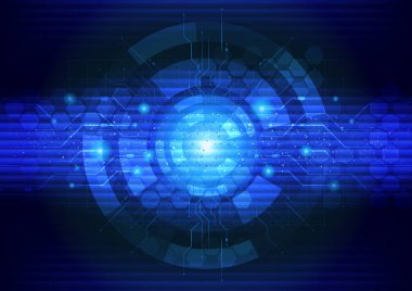 Soyut yapay zeka teknolojisi geçmişi, yüksek teknoloji iletişim konsepti. Parlayan ışık veri teknisyeni illüstrasyonuna, koyu mavi tonlu grafik tasarımına sahip daire şeklinde dijital gövde..