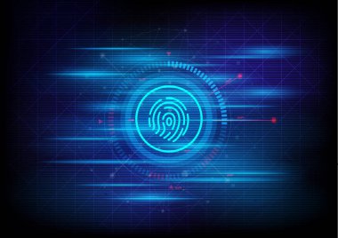 Soyut siber güvenlik teknolojisi geçmişi, veri koruma kavramı. Dokunmatik ekran monitöründe parmak izi tarama simgesi dairesel hud arayüzü, gelecekteki dijital yüksek teknoloji vektörü ve resimleme.