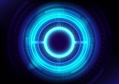Soyut Hitech teknolojisi geçmişi, dijital yapay zeka büyük veri konsepti. Parlayan ışık noktası ve devre teknolojisi çizimi olan yuvarlak, fütürist gövde, koyu mavi tonlu grafik tasarım arka planı.