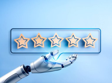 Müşteri geribildirim analizi, yenilik teknolojisi konsepti. Robot el mavi arka planda konuşma balonunda beş yıldız tutuyor. 5 yıldızlı yapay zeka ödülü, mükemmellik ödülü.