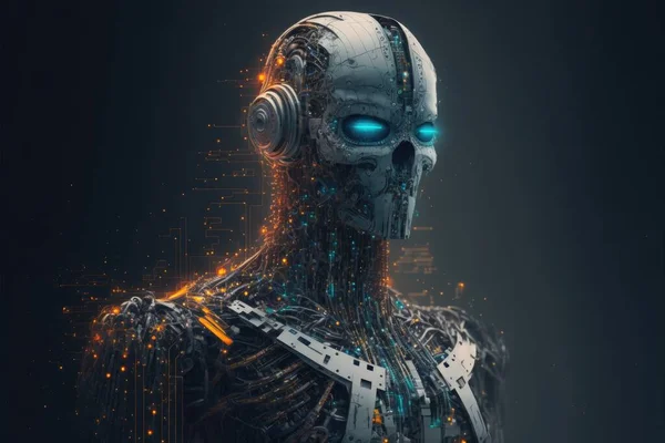 A cybernetic robot with glowing eyes. The concept of artificial intelligence and big data . High quality illustration