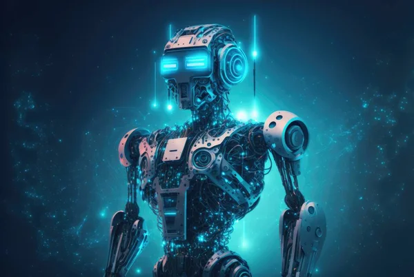 The robot in the blue glow. The Concept of Artificial Intelligence and Big Data. High quality illustration