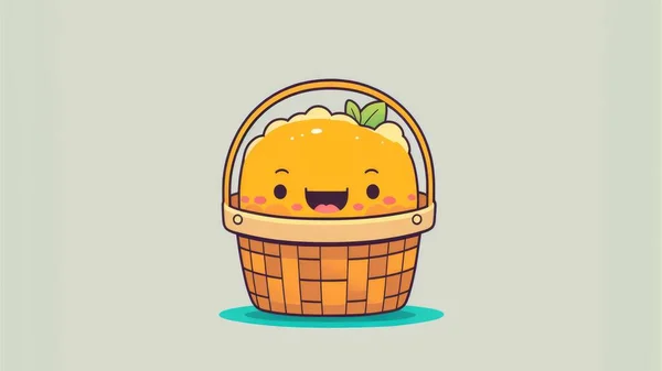 Cute basket chibi picture. Cartoon happy drawn characters . High quality illustration