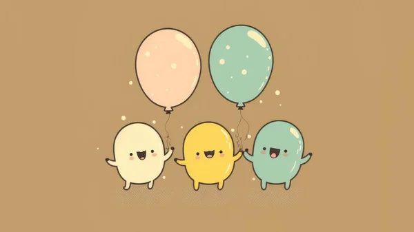 Cute balloons chibi picture. Cartoon happy drawn characters . High quality illustration