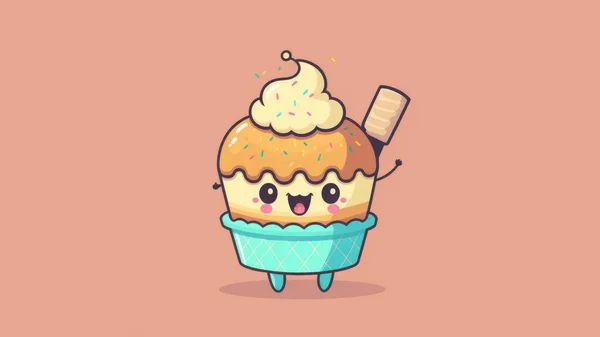 Cute cupcake picture. Cartoon candy happy little drawn characters. High quality illustration