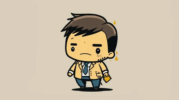 Cute tired businessman chibi picture. Cartoon happy drawn characters . High quality illustration