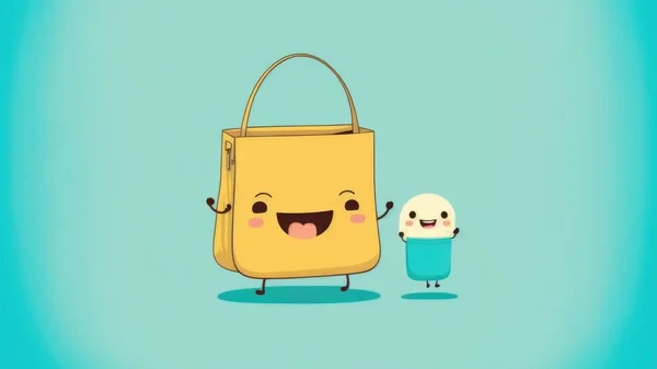 Cute chibi bag picture. Cartoon happy drawn characters . High quality illustration