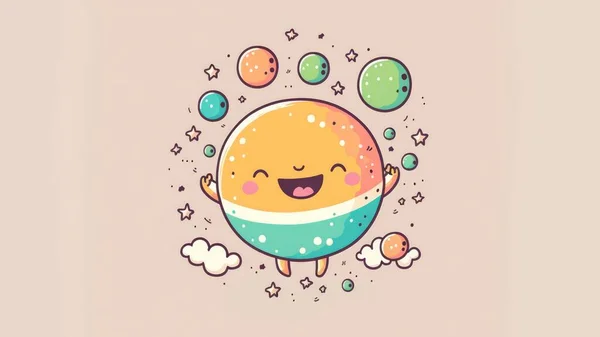 Cute picture of a planetary system . Cartoon happy little drawn characters. High quality illustration