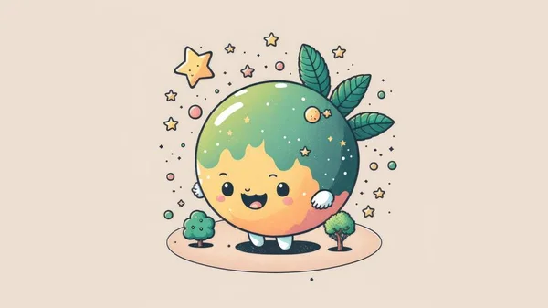 Cute picture of a planetary system . Cartoon happy little drawn characters. High quality illustration