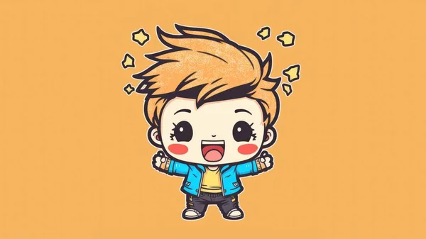 Cute boy chibi picture. Cartoon happy drawn characters . High quality illustration