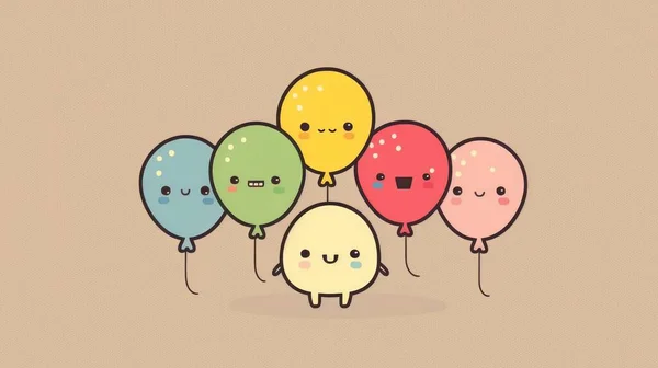 Cute balloons chibi picture. Cartoon happy drawn characters . High quality illustration