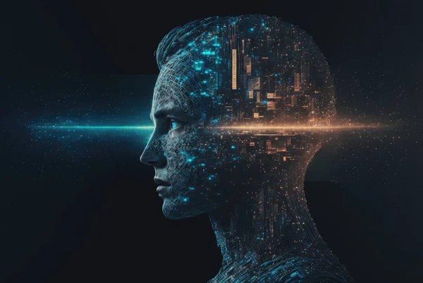 Big Data and Artificial Intelligence. The concept of machine learning in a male cybernetic head . High quality illustration