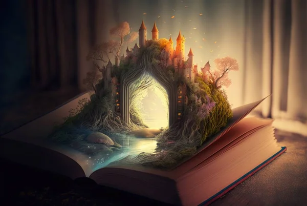 A magical castle created on the pages of a fairy tale book . High quality illustration
