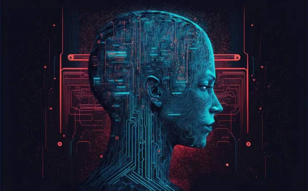 The female cybernetic face of chips and neural connections in profile. the concept of artificial intelligence and big data . High quality illustration