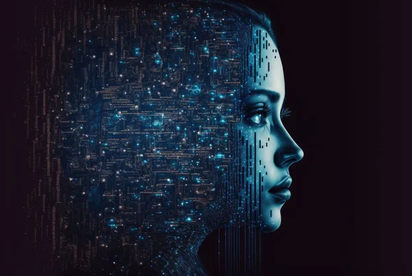 A womans cybernetic face made of microchips and neural connections in blue. the concept of artificial intelligence and big data . High quality illustration