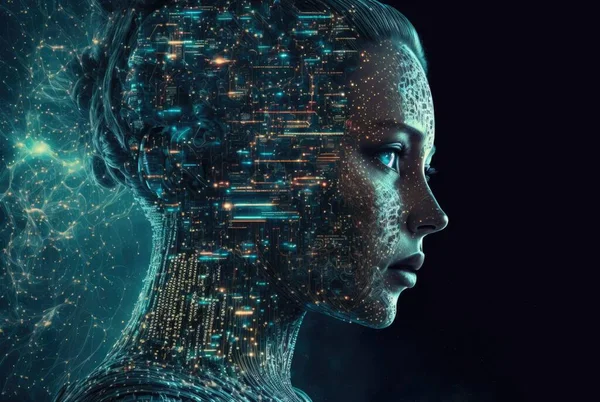 The female cybernetic face in profile .The concept of artificial intelligence and big data . High quality illustration