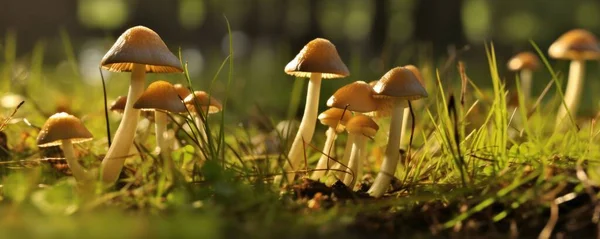 Three light brown and amber mushrooms grow through the grass near trees in a forest. This image represents the beauty and diversity of nature, highlighting the unique characteristics of psilocybe