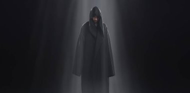 Siyah cüppeli kapüşonlu bir figür dramatik ışıklandırma altında duruyor. Görüntü, monokromatik tarzda gizemli bir atmosfere sahip. Tiyatro promosyonları için uygun..