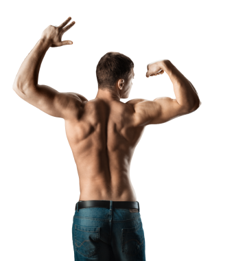 Kaslı bir adam kaslarını kasıyor ve kendine güveniyor. Fitness ve sağlık promosyonları için ideal.