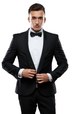 Bir adam kendine güvenerek smokin ceketini ayarlar. Moda, resmi etkinlik promosyonları ve stil blogları için ideal.