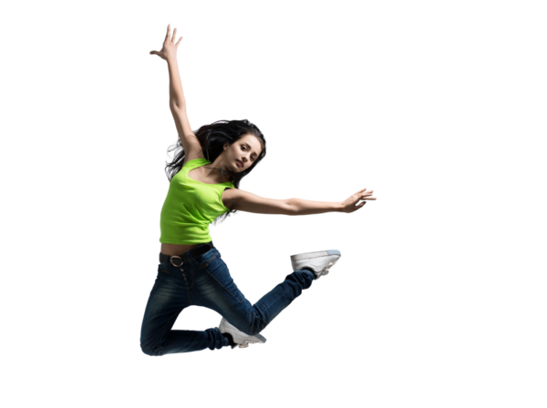 Yeşil bluzlu ve kotlu enerjik bir kadın sevinçten havalara uçuyor. Reklamlar ve yaşam tarzı terfileri için ideal. Özgürlük ve enerjiyi vurguluyor.