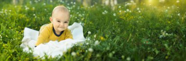 Yeşillik bir tarlada, battaniyenin üzerinde gülümseyen bir bebek. Parlak ve neşeli renkler onu ebeveynlik ya da çocuk bakımı terfileri için mükemmel yapar. Kopyalama alanı olan geniş pankart.