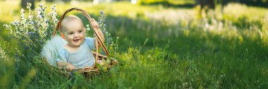 Yeşil çimenler ve kır çiçekleriyle çevrili sepette gülümseyen bir bebek. Aile ve doğa temaları için parlak, neşeli renkler ideal. Geniş bir pankart olarak ticari kullanıma uygun.