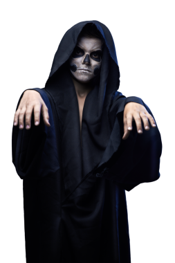 Kafatası makyajı ve sert duruşu olan kapüşonlu bir figür. Cadılar Bayramı ya da korku gibi konular için mükemmel. Koyu tonlar, ürkütücü ifade, ürkütücü pazarlama için ideal..