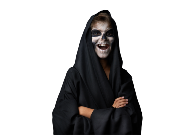 İskelet yüzlü, sırıtan siyah kapüşonlu bir adam. Cadılar Bayramı promosyonları, kostüm partileri veya ürkütücü temalı medya için uygun.