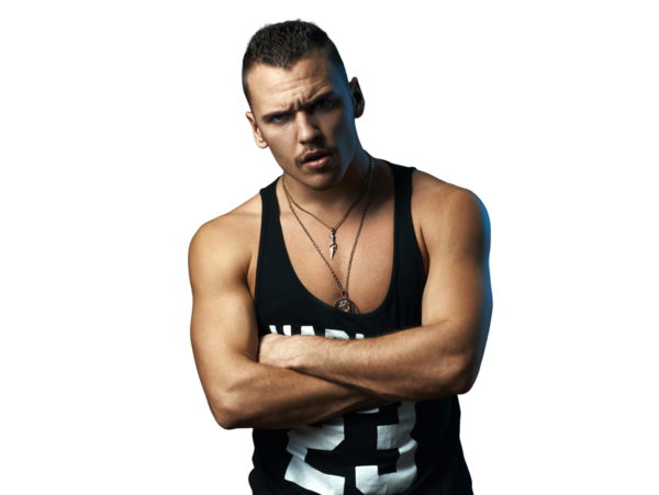A muscular man with a serious expression poses in a black tank top, conveying confidence and determination. Ideal for fitness or fashion-related content.