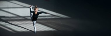 Genç bir jimnastikçi, güneşli bir zeminde zarif bir poz veriyor. Tarz, siyah ve beyaz giyimli gölge oyunlarıyla dinamiktir. Fitness, spor ve gençlik temaları için mükemmel. Kopyalama alanı olan geniş pankart.
