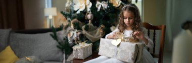 Süslü bir Noel ağacının yanında hediyesini açan genç bir kız. Sıcak ışıklandırma, şenlikli dekor ve zarif ambalaj. Tatil promosyonları için harika. Geniş pankart biçimi.